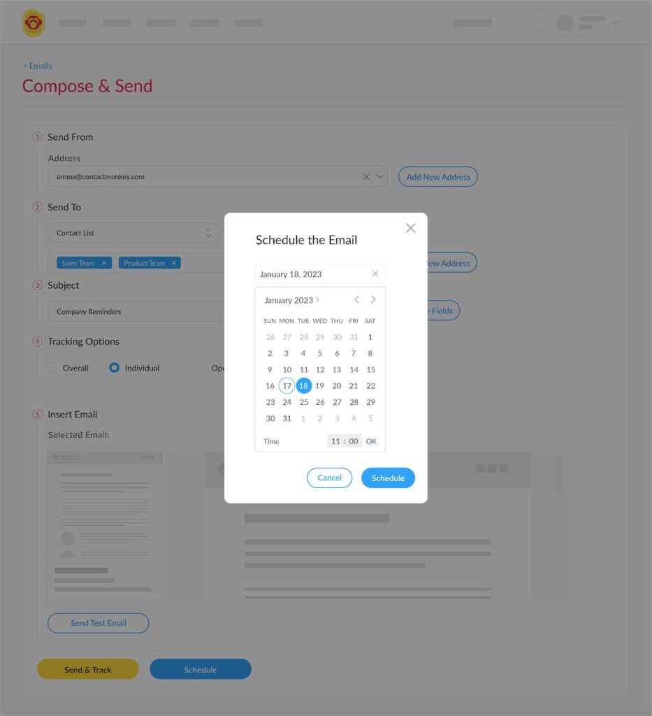 Screenshot of email scheduling for Gmail within ContactMonkey's Gmail dashboard.