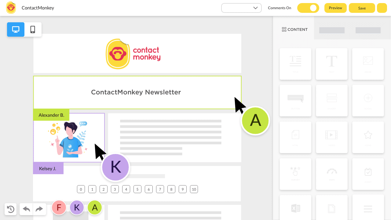 Screenshot of multiple users collaborating on an email template within ContactMonkey's email template builder.