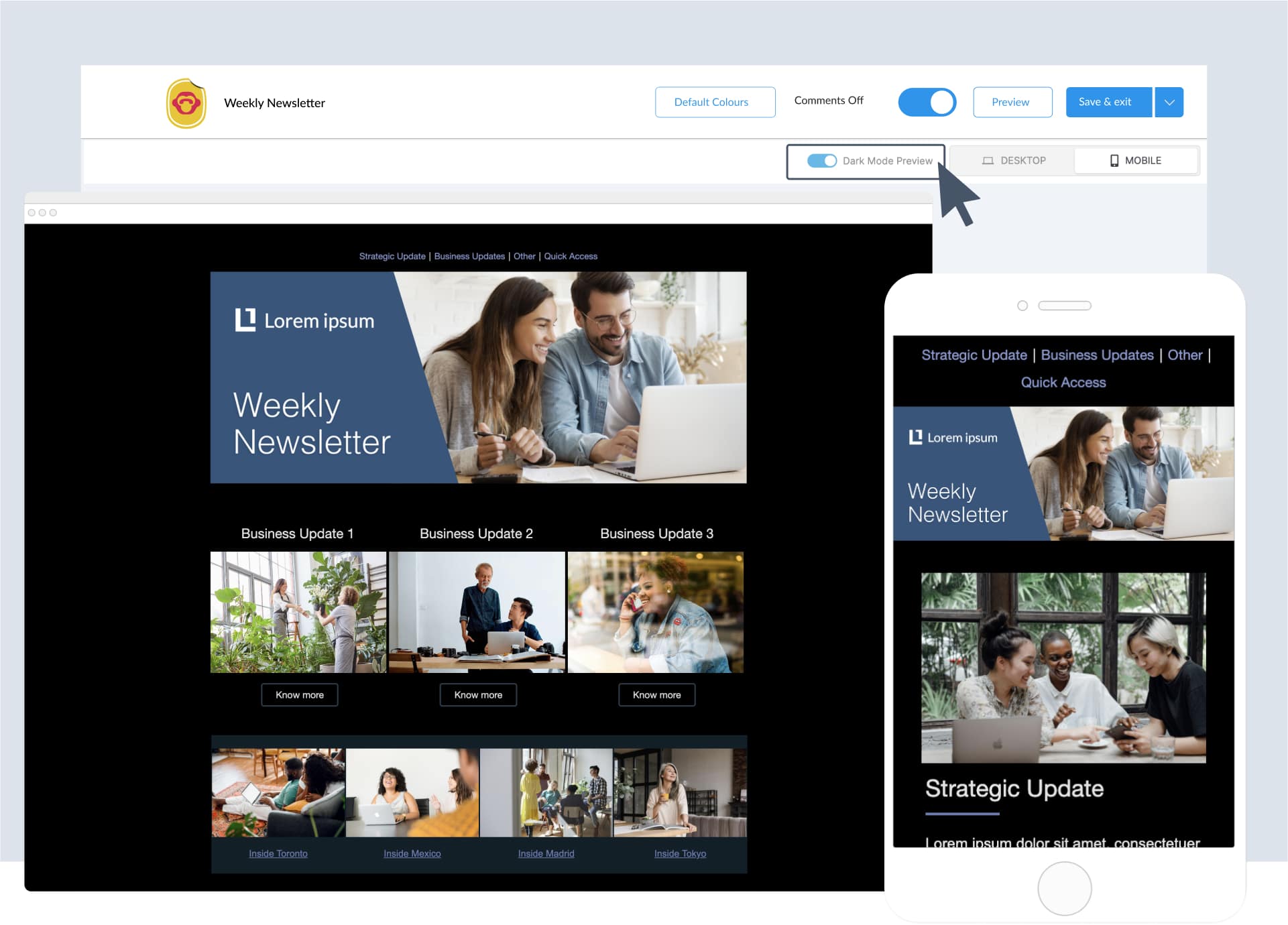 Image of email template viewed in dark mode using ContactMonkey's email template builder.