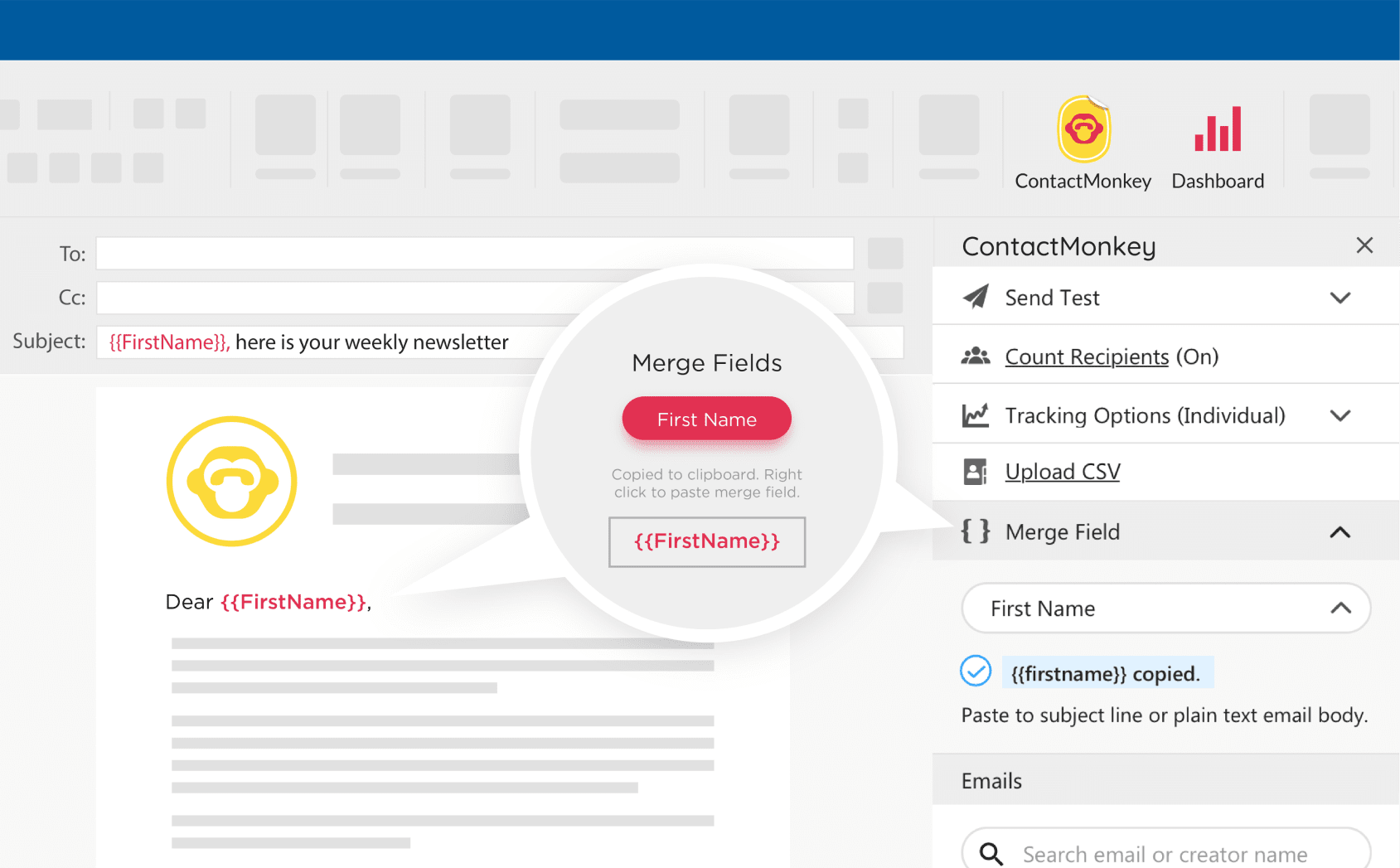 Image of merge fields within ContactMonkey's Outlook sidebar