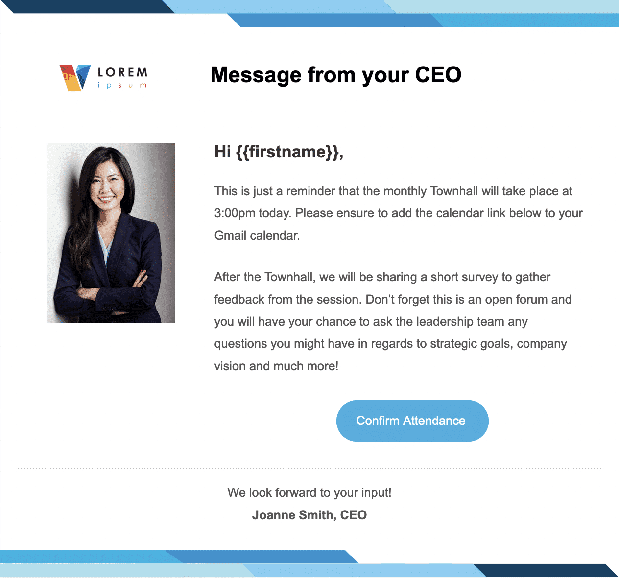 Leadership communication email created using ContactMonkey's email template builder.